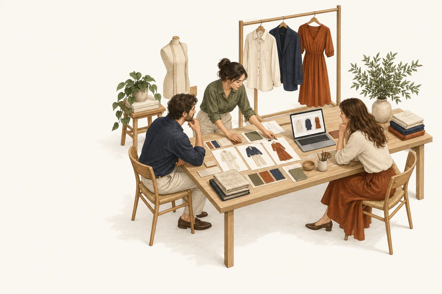 Illustration of a founder and studio team planning adult clothing, samples and an online store around one worktable.