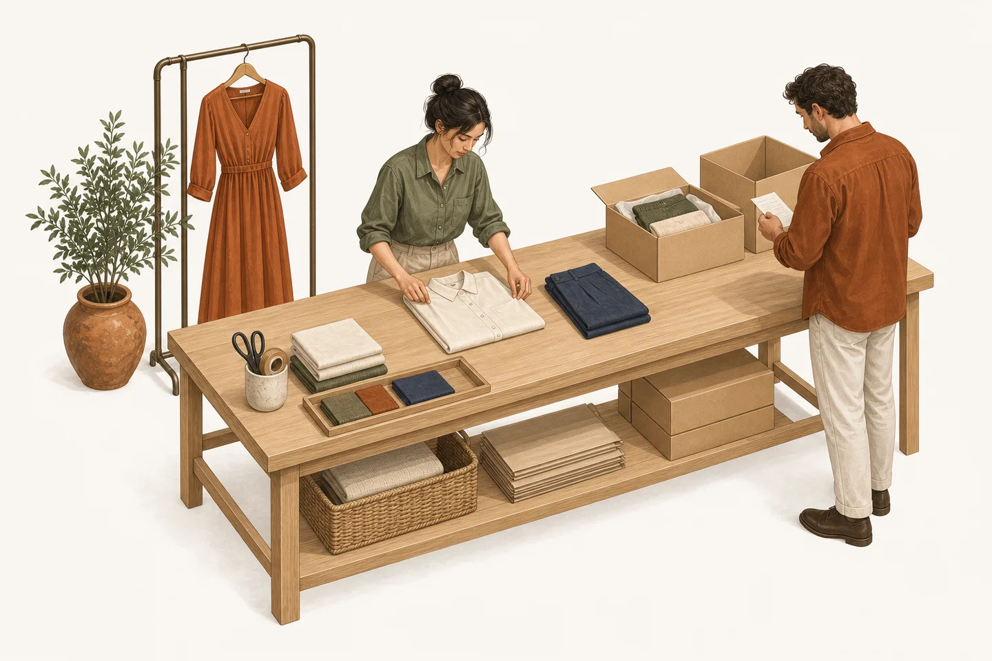 Illustration of adult garments being checked, folded and packed by a production team.