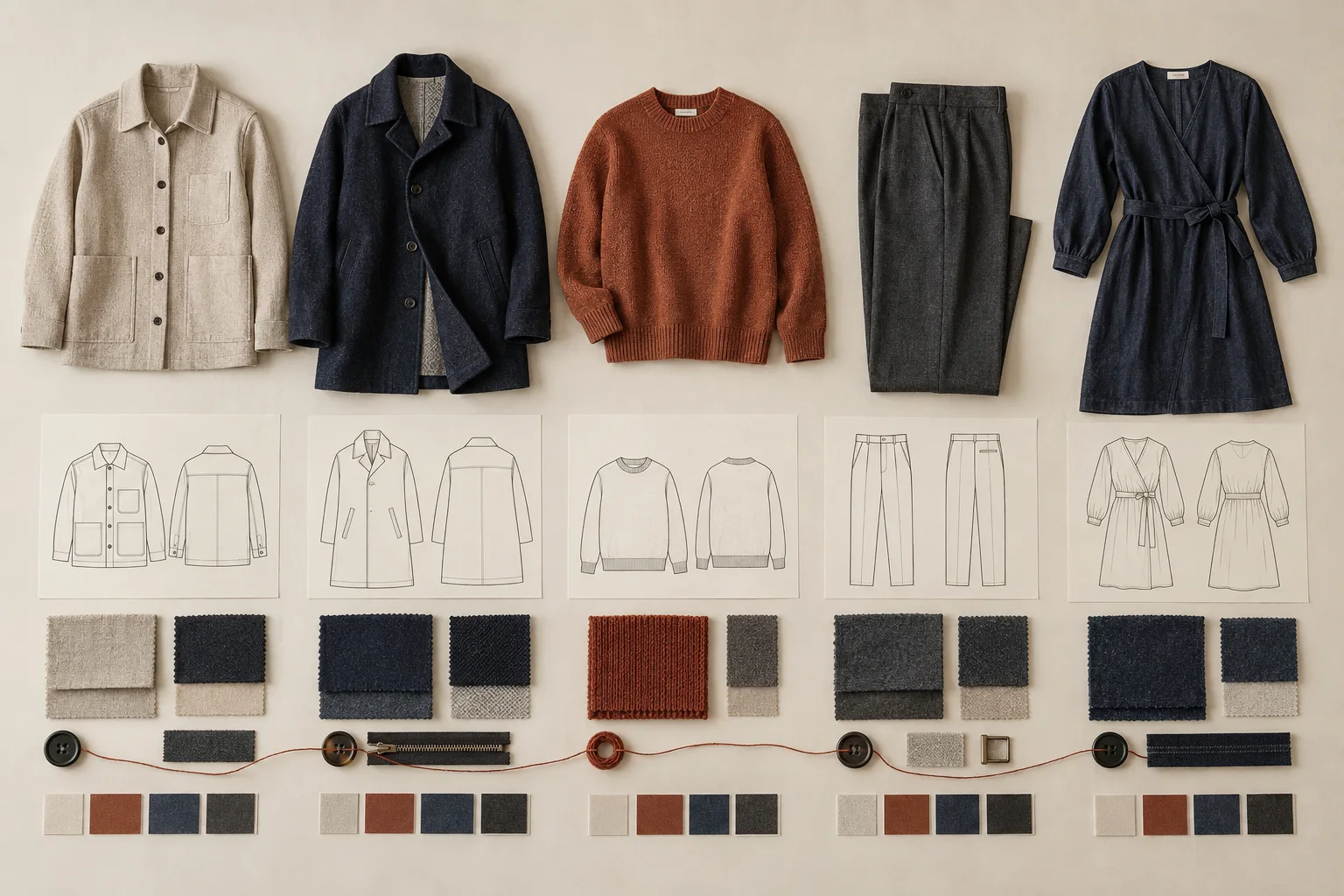 Five complementary adult garments aligned with fashion flats, fabric choices, shared trims and a coordinated colour system.